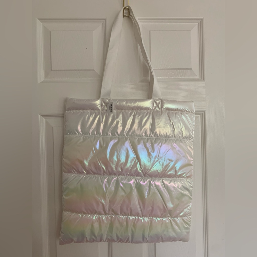 NWT Bath & Body Tote: Puffer, Iridescent White, 2 Handles, Logo, 16x18 inches - Picture 2 of 8